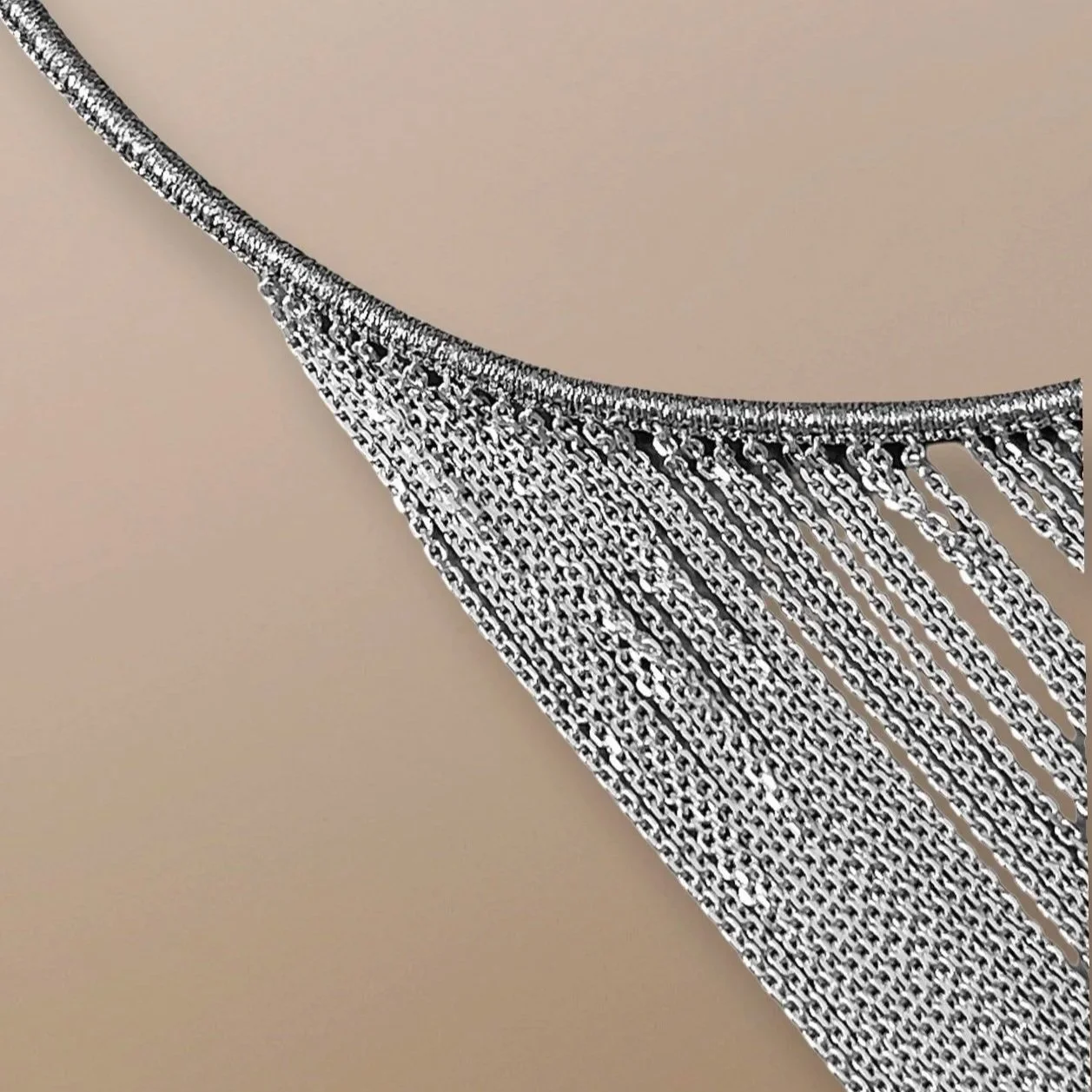 NNG110 HAND WOVEN STERLING SILVER CHAIN FRINGE LONG BIB — SIMON 