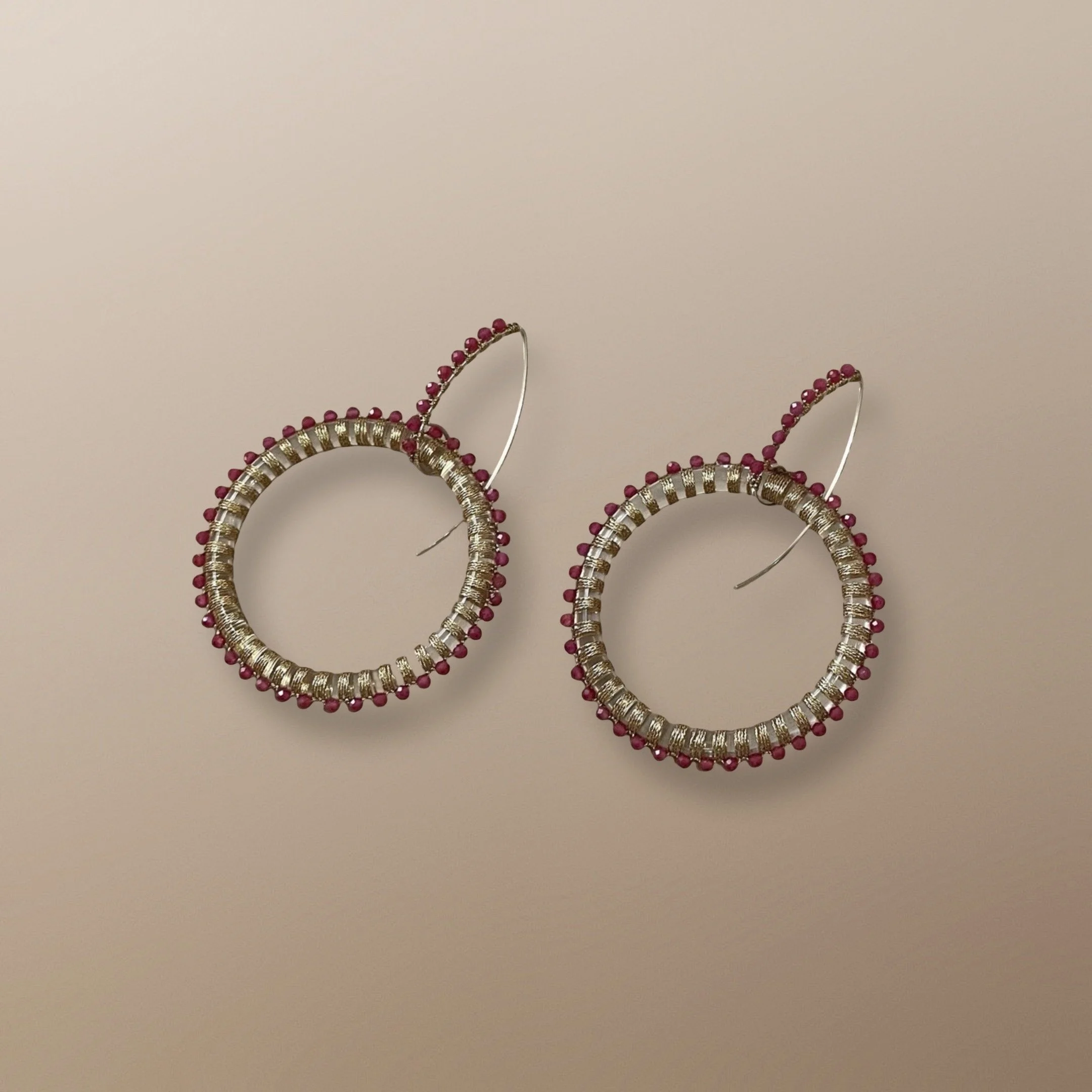 EFLW112 45MM QUARTZ HOOP AND ARGENTUM EAR WIRE HAND WOVEN WITH RUBIES