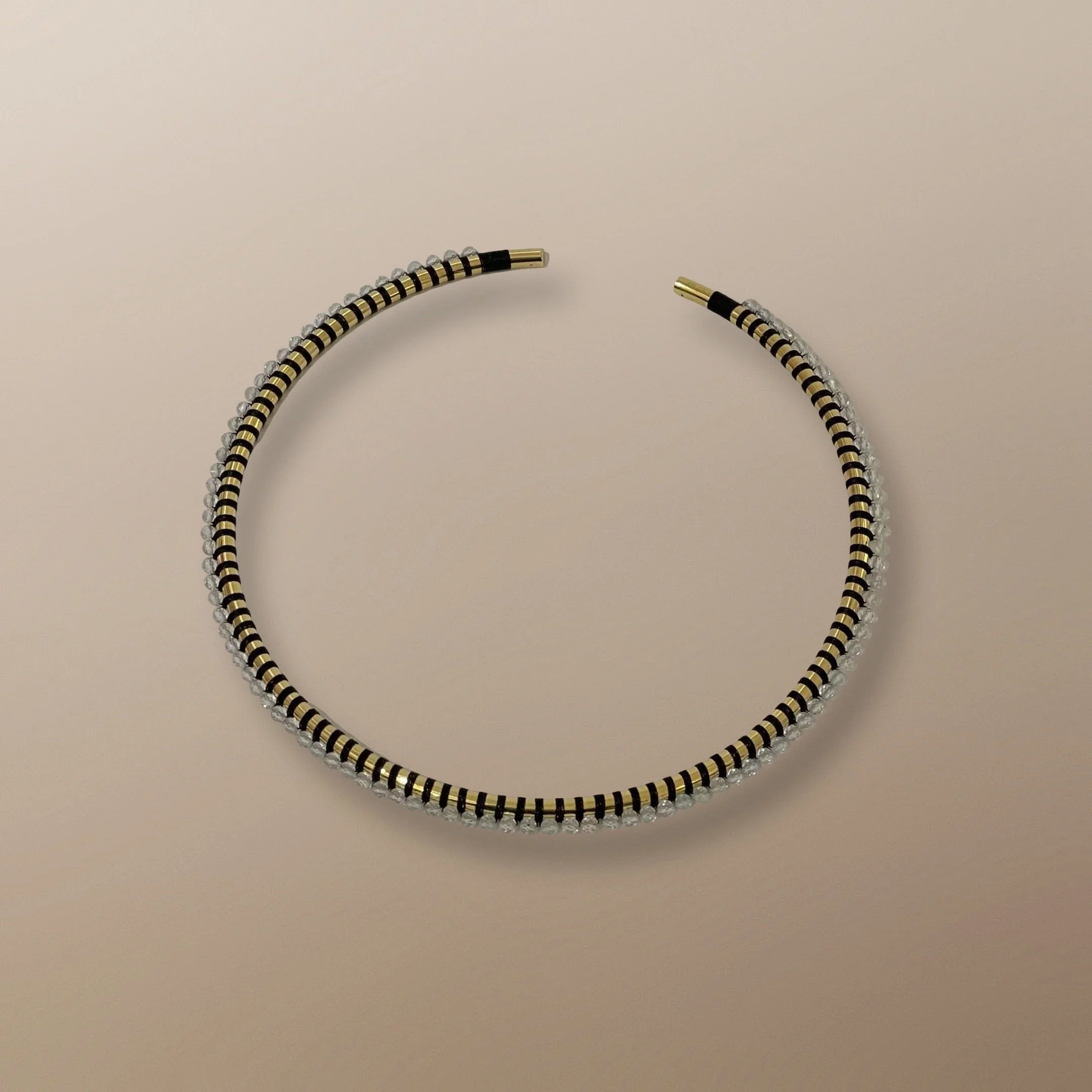 NLR105 18KT VERMEIL COLLAR HANDWOVEN WITH WITH WHITE TOPAZ AND BLACK CORD