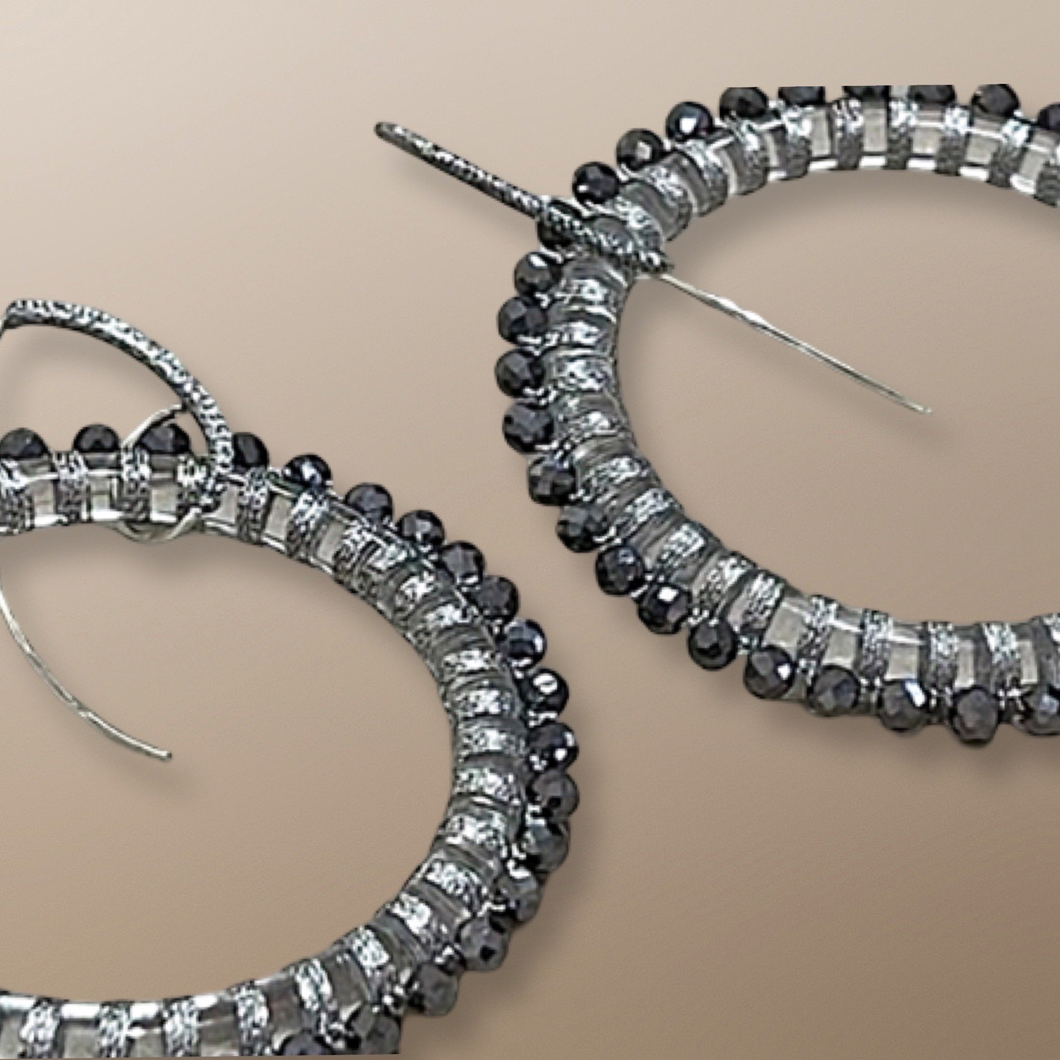 EDL115 45MM QUARTZ HOOPS HAND WOVEN WITH TERAHERTZ, AND SHINY SILVER CORD. 2.JPG