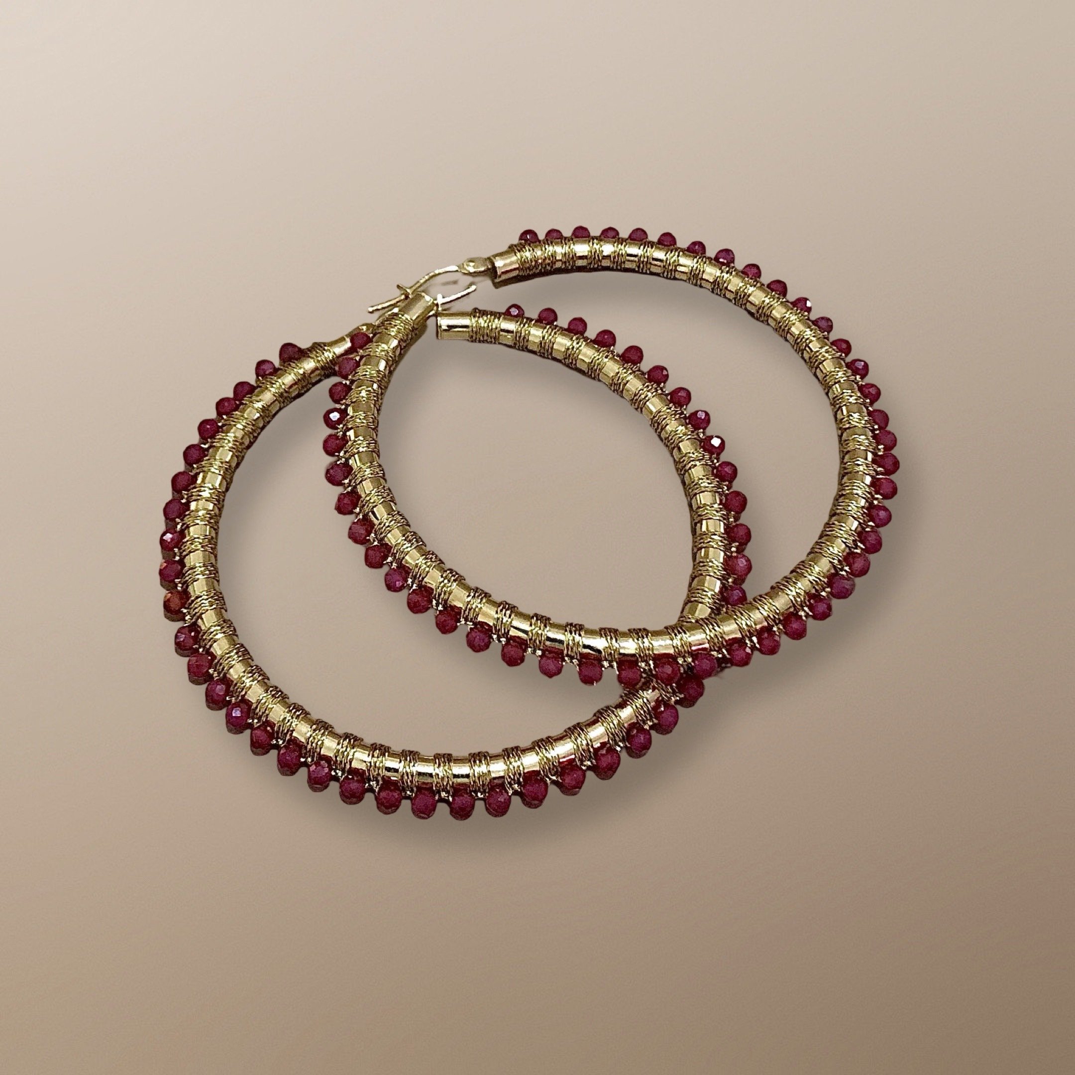 ENG100YG 14KT YELLOW GOLD HOOP HAND WOVEN WITH RUBIES
