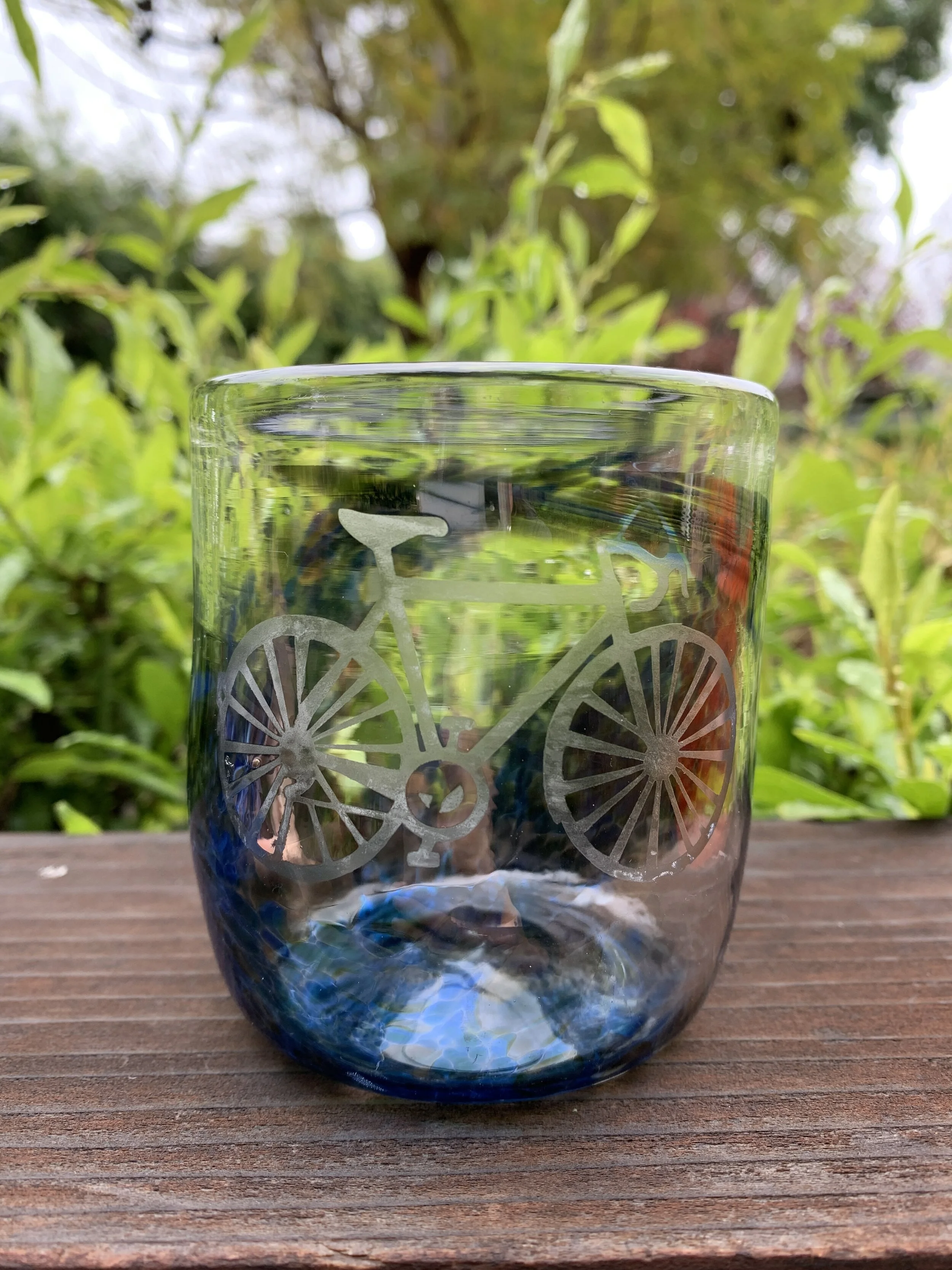 handblown Glasses Bike art custom glassware