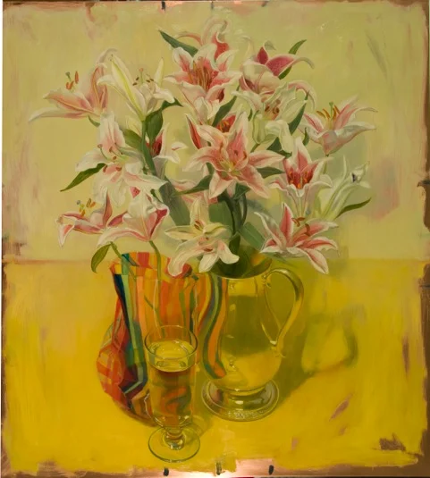 lilies on yellow with pitcher