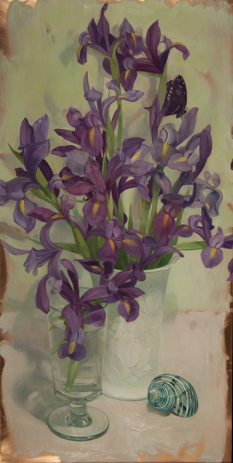 irises on white 2012 oil on copper 24 x 12 inches