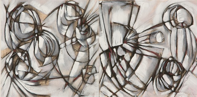 robotic love i & ii 2014 mixed media on panel 18 x 18 inches each