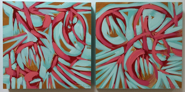 in her world i & ii 2014 mixed media on panel 12 x 12 inches each