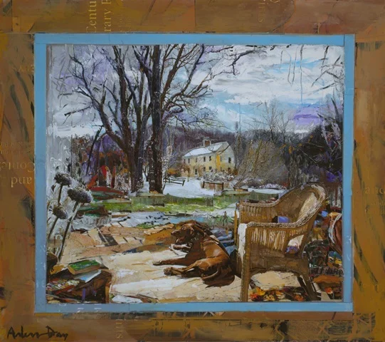 winter's view 2015&nbsp;-&nbsp;collage &amp; gouache on board -&nbsp;12 3/4 x 14 1/2 inches