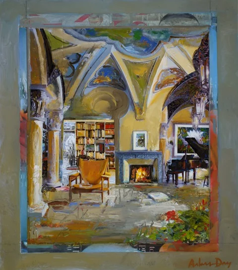 peyton's piano 2015&nbsp;-&nbsp;collage &amp; gouache on board -&nbsp;14 3/8 x 12 5/8 inches