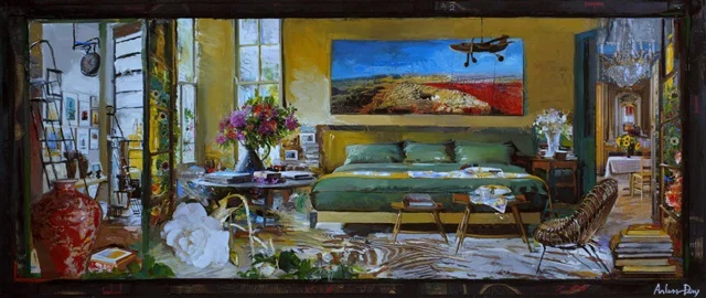 the botanist bedroom 2015&nbsp;-&nbsp;collage &amp; gouache on board -&nbsp;13 9/16 x 32 inches