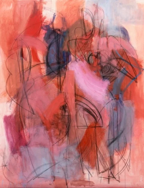 two women, red + pink