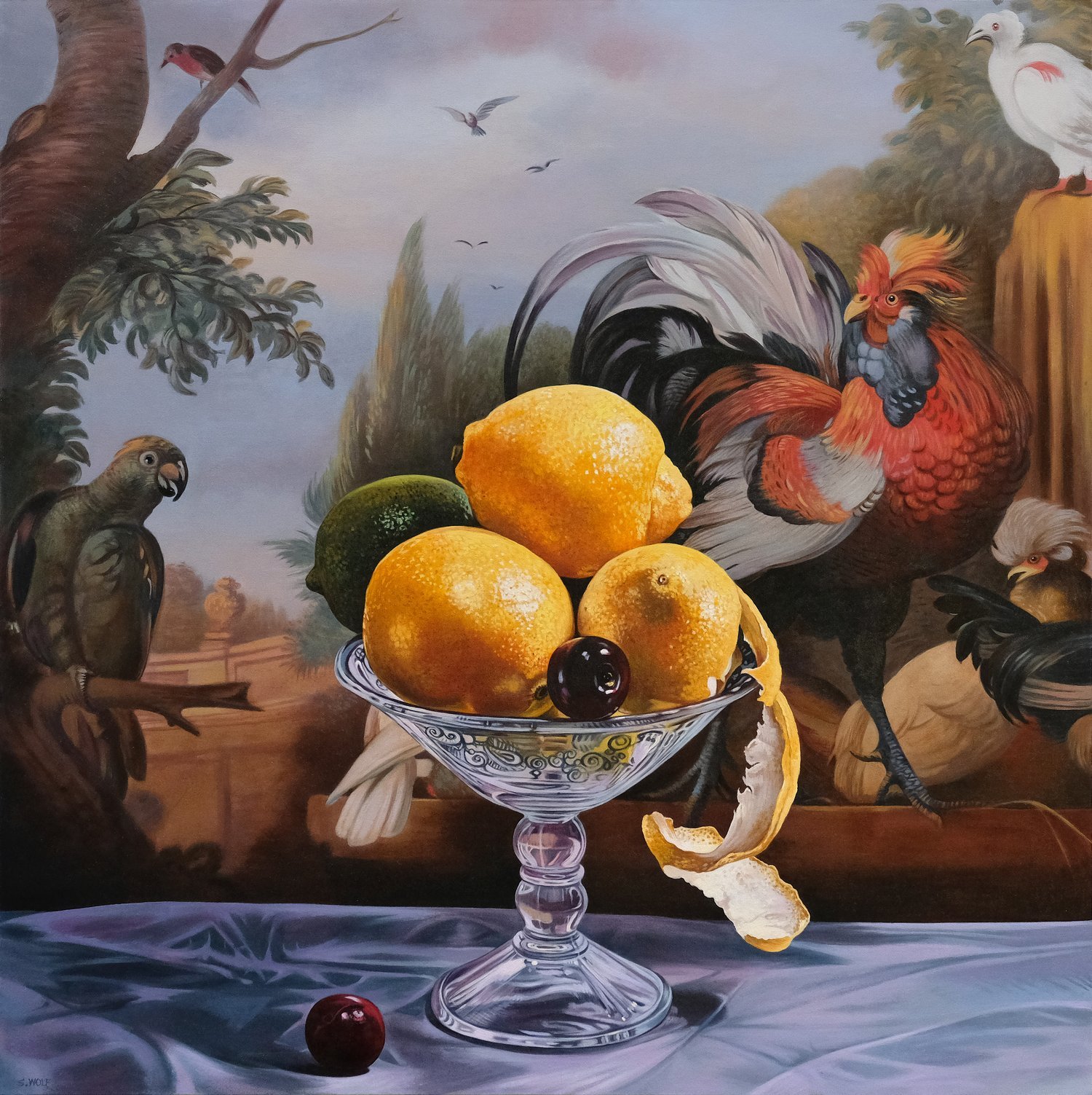 sw1088,Lemons,lime+and+Cherries,refHondecoeter,30x30,2022.oil.jpg