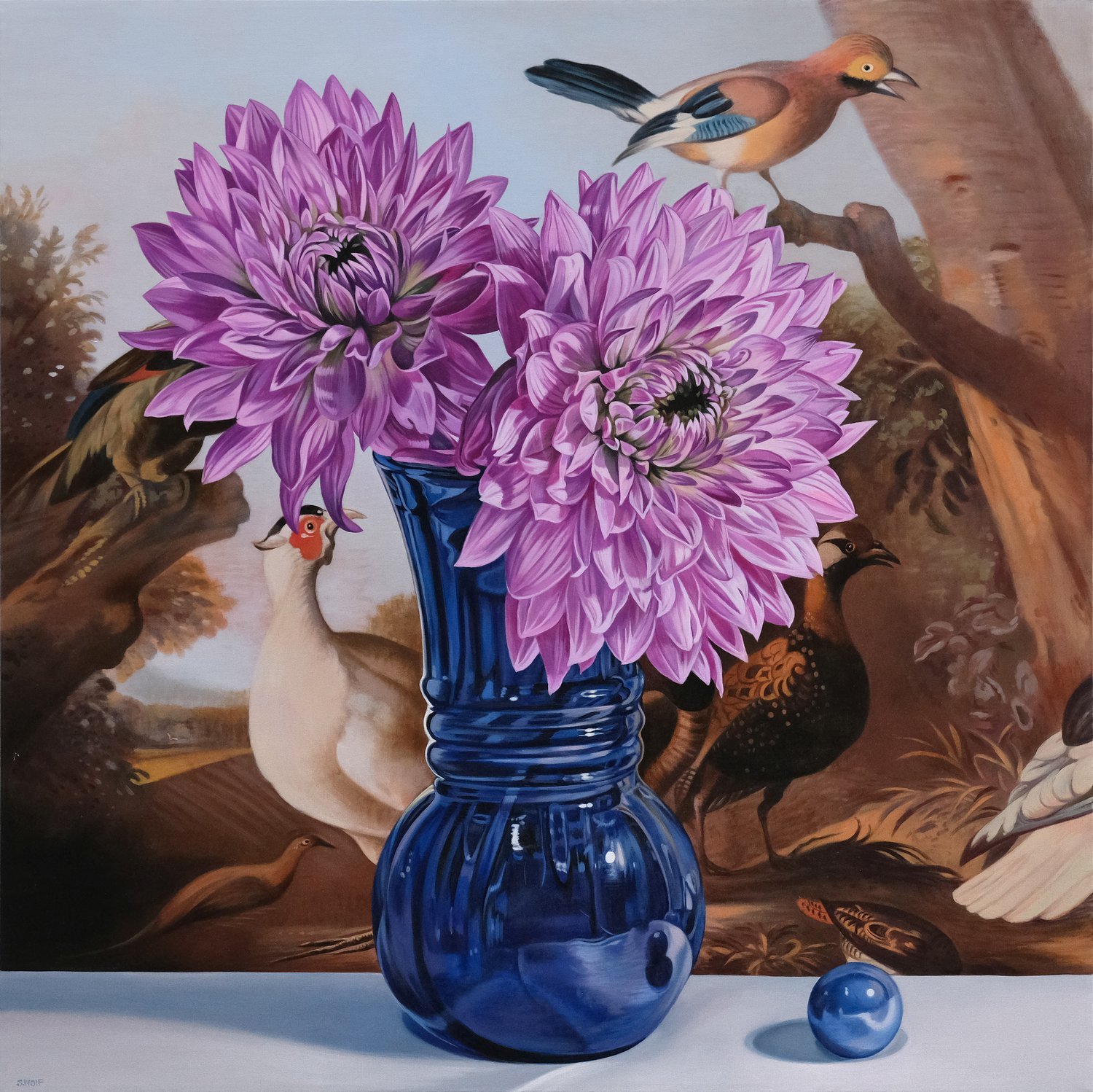 sw1084,Two+Dahlias+in+Blue,31.5x31.5,2022,oil,ref+Hondecoeter.jpg