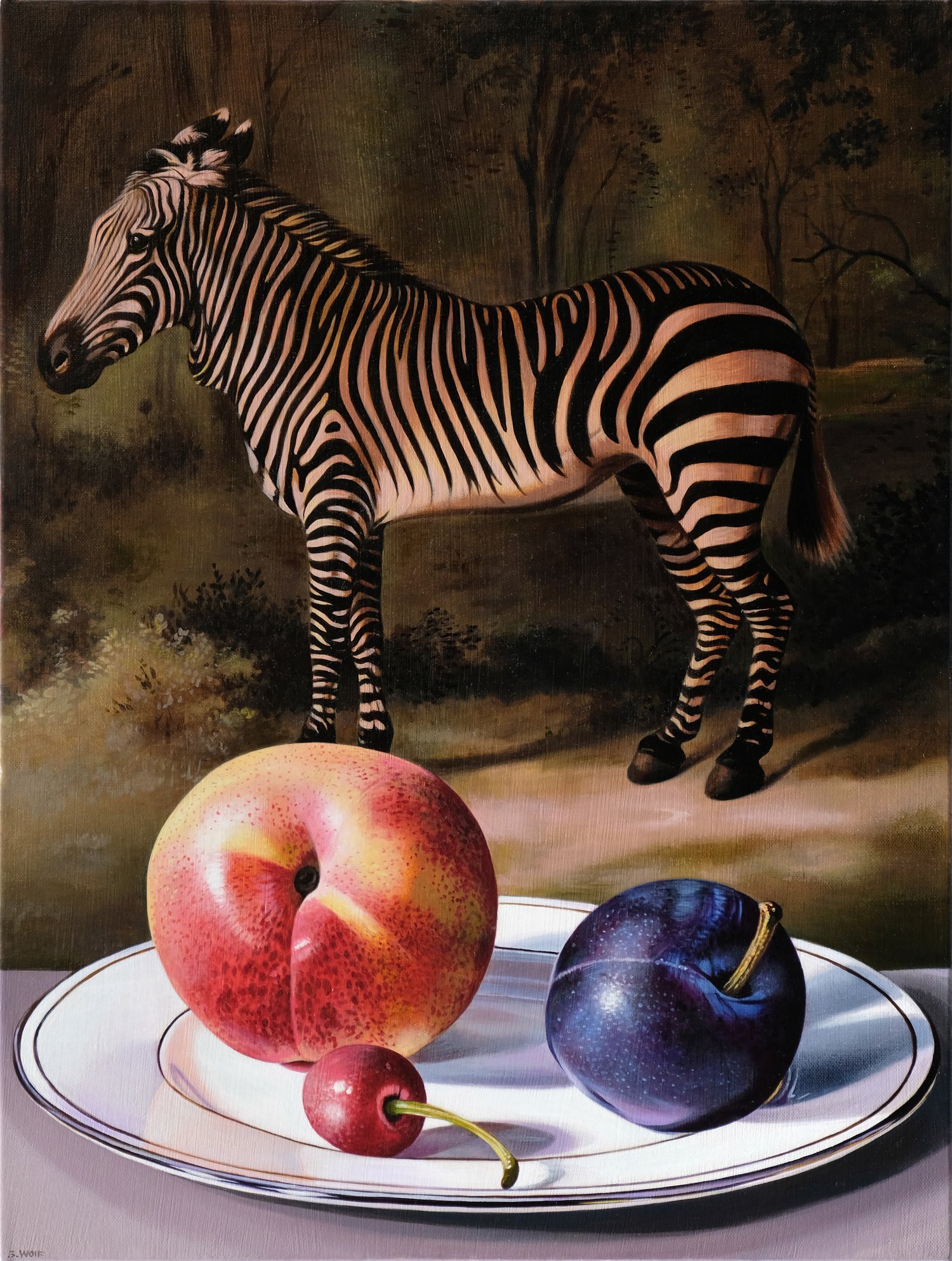sw1156,Zebra+with+Fruit+Plate,24x18,2024,oil.jpg