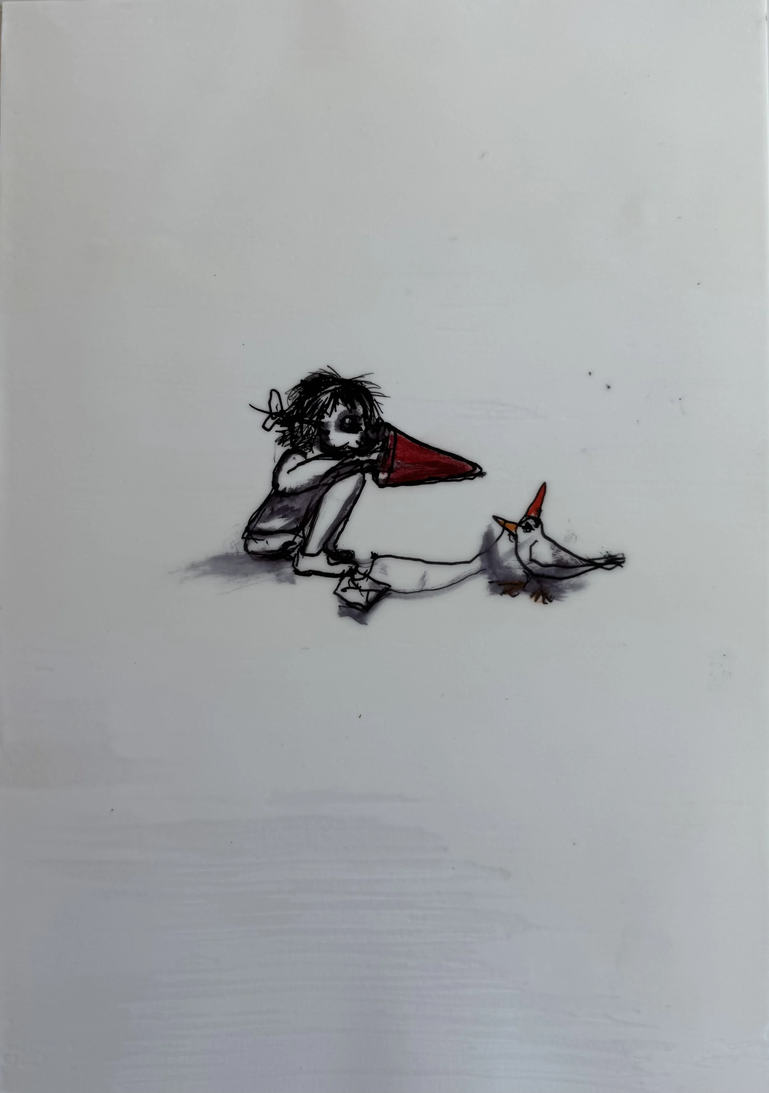 crouching with bird & letter   2024