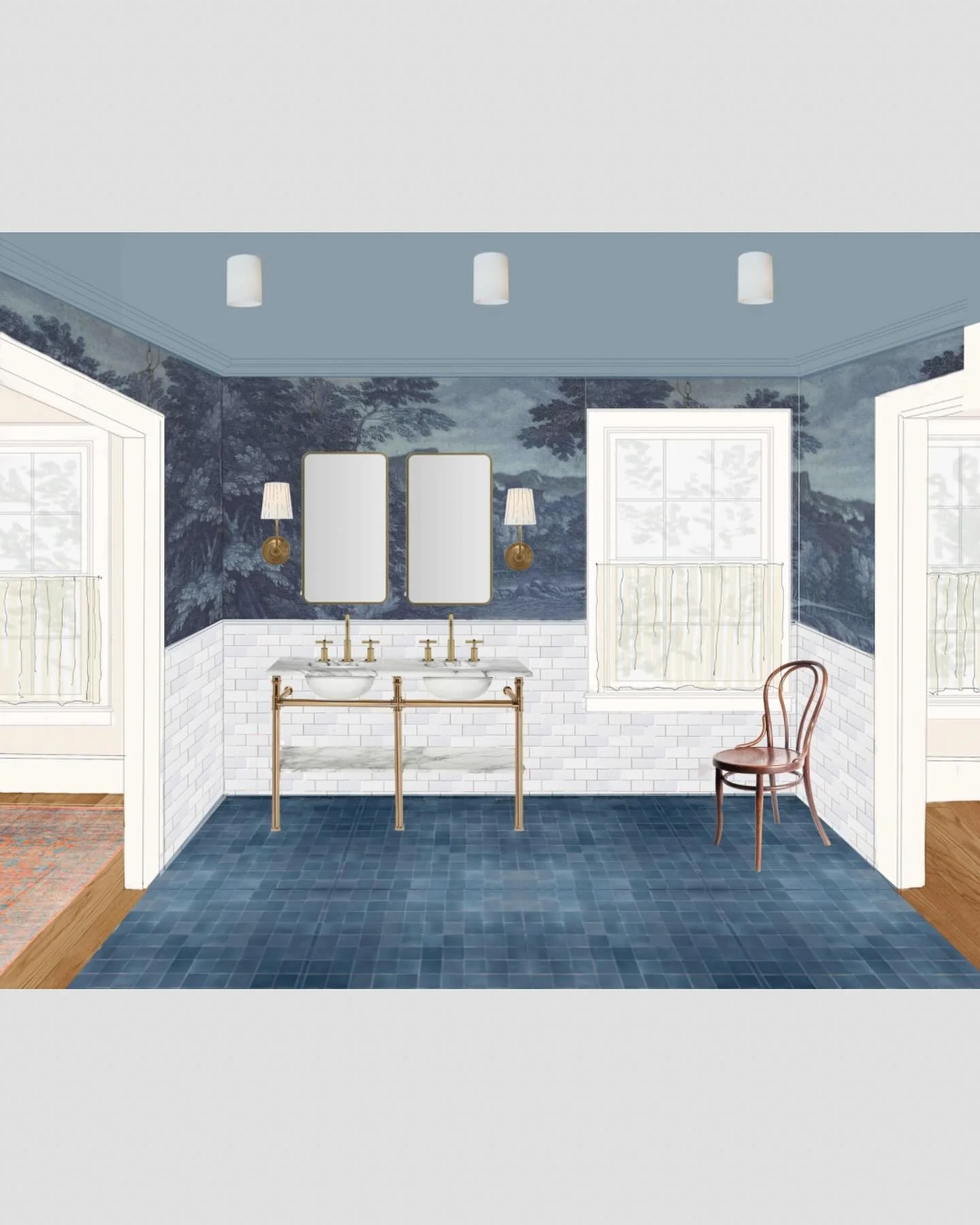 A sketch of the primary bathroom is our St Ronan Terrace project and an image of the current space. We are so excited to be restoring this beautiful home with a client who sees the incredible potential in the stately structure in need of some love.

