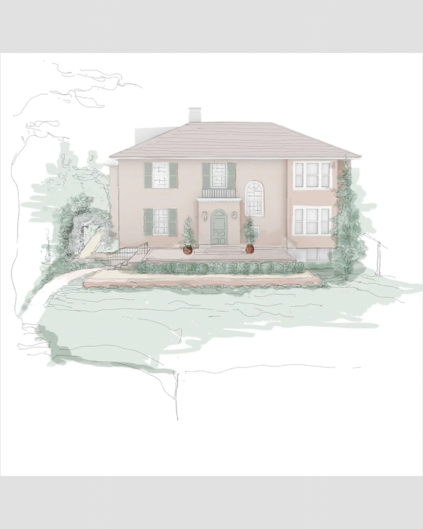 A concept sketch of the exterior facade and landscape design at our St Ronan Terrace Residence in CT. We are proposing to regrade the steeply sloped site to include a terraced patio and pea stone walkways that wander around to the back of this lovely