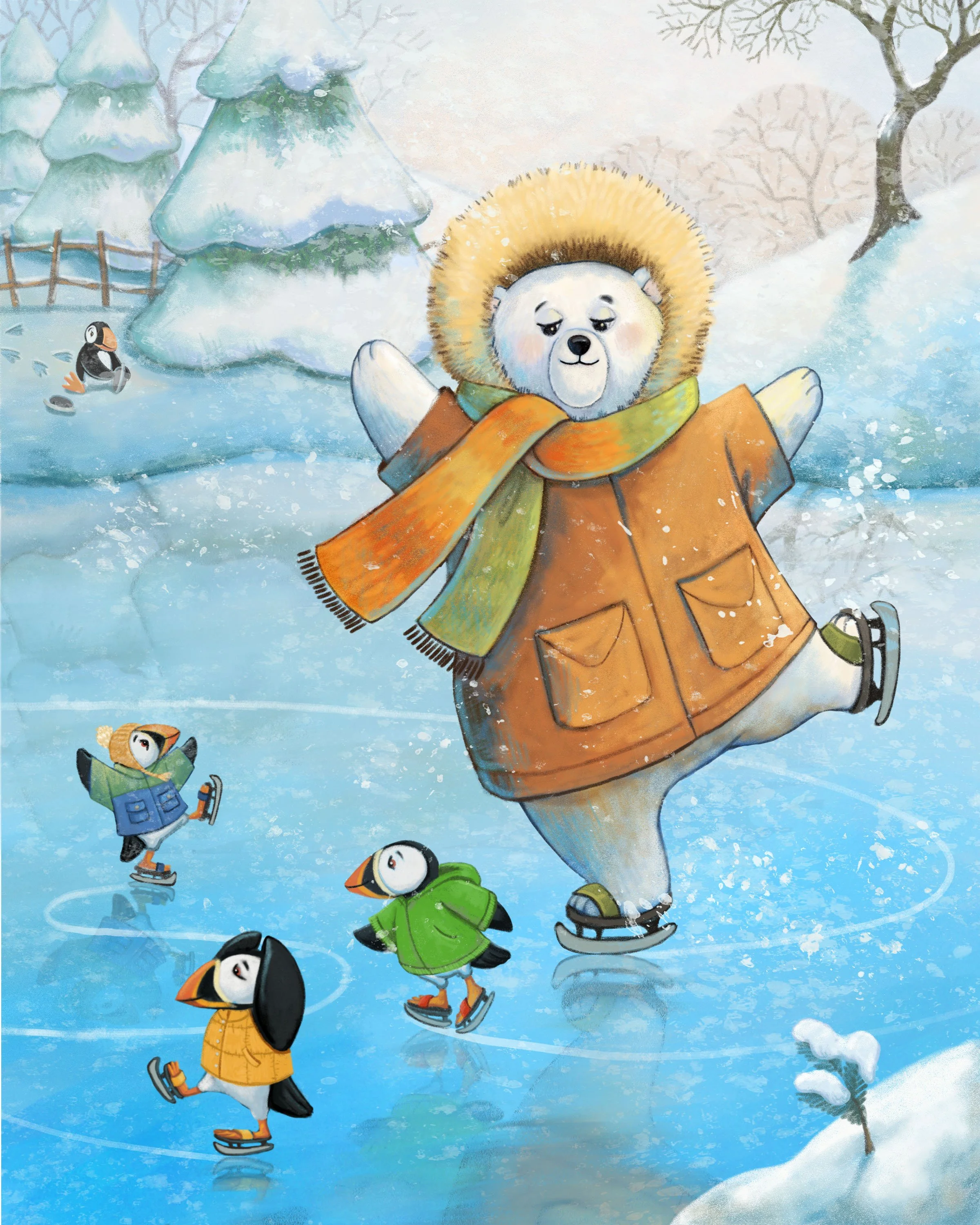 polar bear and puffins ice skating in winter