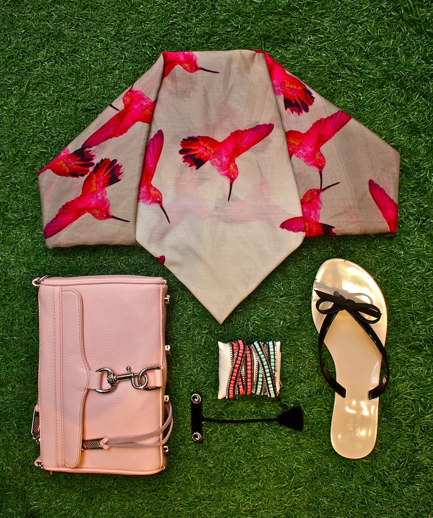 Melissa + Jason Wu Harmonic sandal with bow $78, Leigh & Luca Digital Hummingbirds scarf $259, Rebecca Minkoff Mini MAC $225, Jenny Bird Gypset triple wrap $85, Jenny Bird Serpent studs $40.