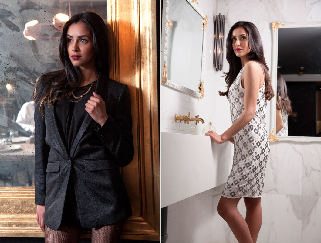 Left on Parveen-Black Brocade Blaze $499 by Tiger Of Sweden, Black Silk Blouse $325 By Malene Birger, Gold Fishbone Necklace $60 by Wolf Circus Right on Parveen-White Beaded Dress $450 by Gestuz