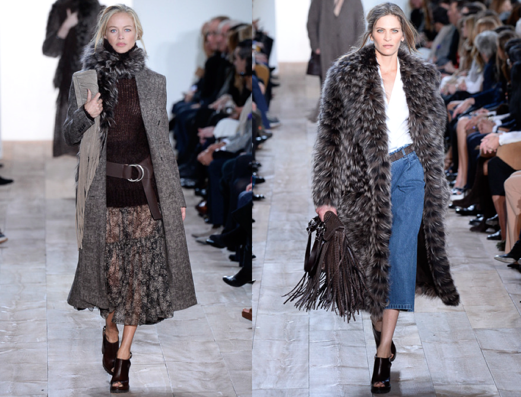 Michael Kors drew inspiration for his fall collection from the relaxed coastal California attitude. Slouchy wool pants, cozy knits and full peasant skirts surfaced on the runway. Kors also brought fantasy to fashion with romantic metallic dresses and suede fringe clutches.