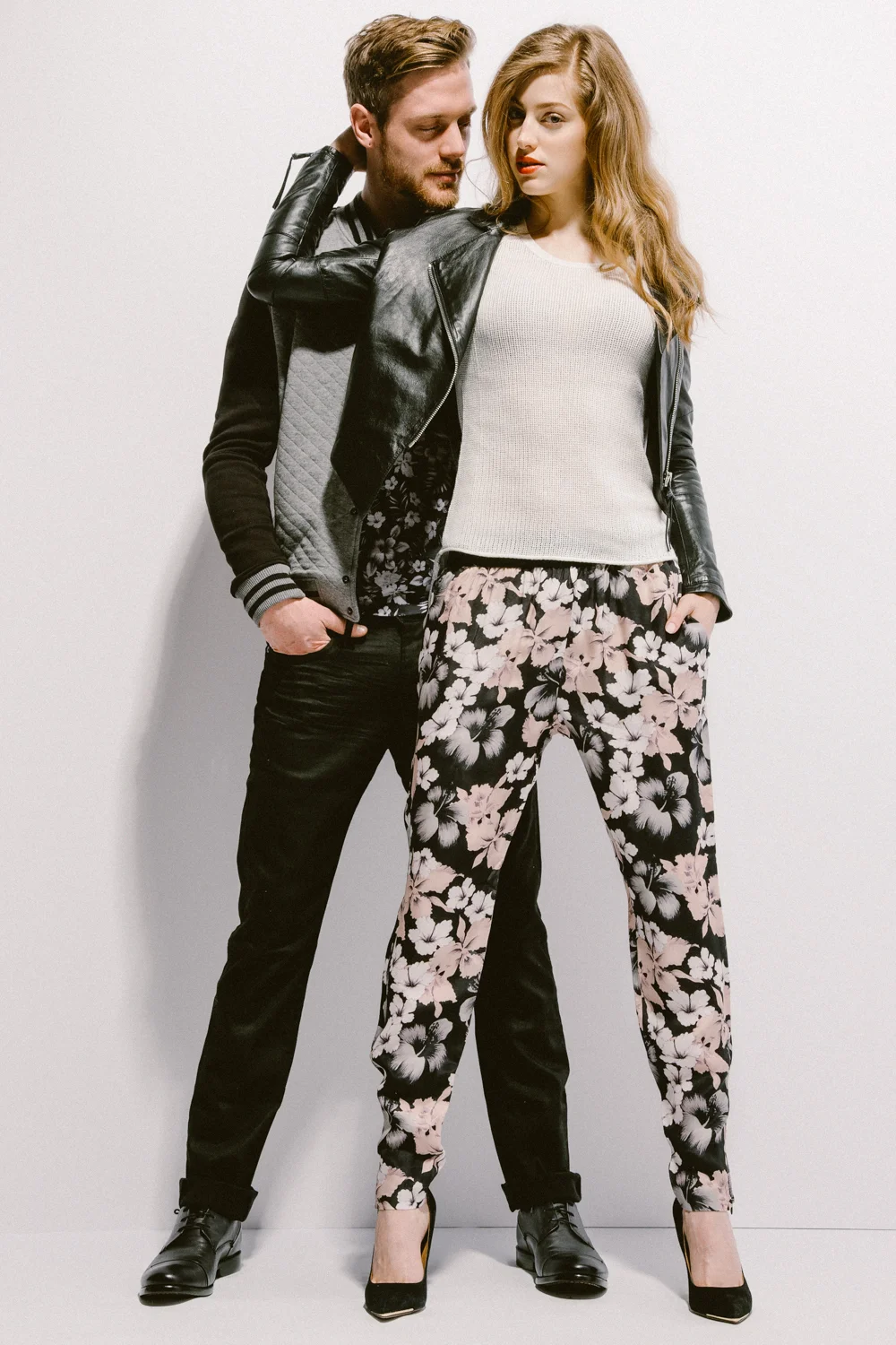 Leather Jacket by Tiger Of Sweden $595 | Knit Top by Velvet 158 | Floral Pants by J. Lindeberg $225
