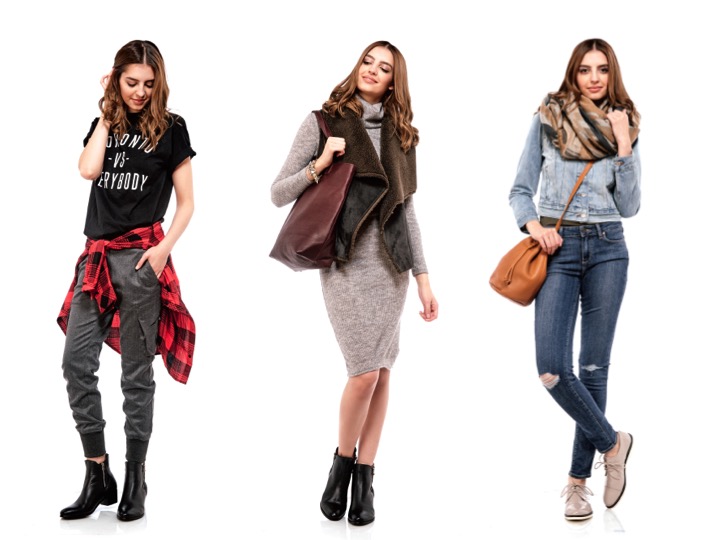 Left: Toronto T-shirt by Peace Collective $30 | Cargo Joggers by James Jeans $288 | Plaid Shirt by Rails $198 | Centre : Knit Dress by Glamorous $65 | Shearling Vest by Velvet $218 | Leather Tote by Baggu $210 | Bracelet by Jenny Bird $95 | Right : Denim Jacket by Levi's $98 | Ripped Jeans by Paige $290 | Blanket Scarf by Jackson Rowe $85 | Leather Bucket Bag by Baggu $180 | Patent Brogues by Lacoste $190