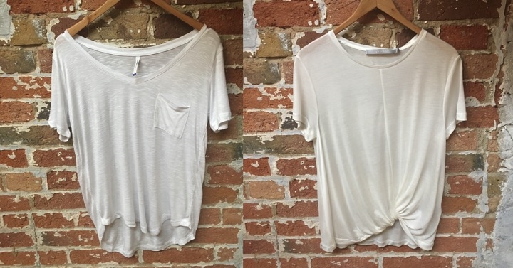 Left-V-neck pocket tee in linen blend fabric by AOLE $45 Right-Crewneck knotted tee in viscose fabric by Tiger Of Sweden $119