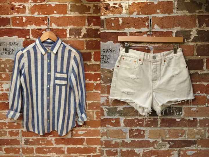 Maison Scotch Linen Stripe Shirt $139 Levi's Cutouff Shorts $69