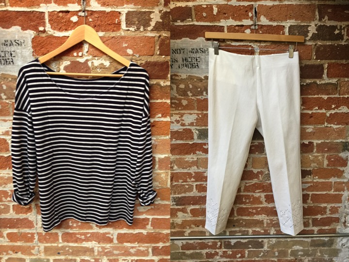 American Vintage stripe tee $98 Ecru pants $229