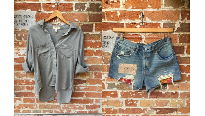 Bella Dahl Grey Split Back Blouse $200 Levis's Patchwork Cut Off Shorts $79
