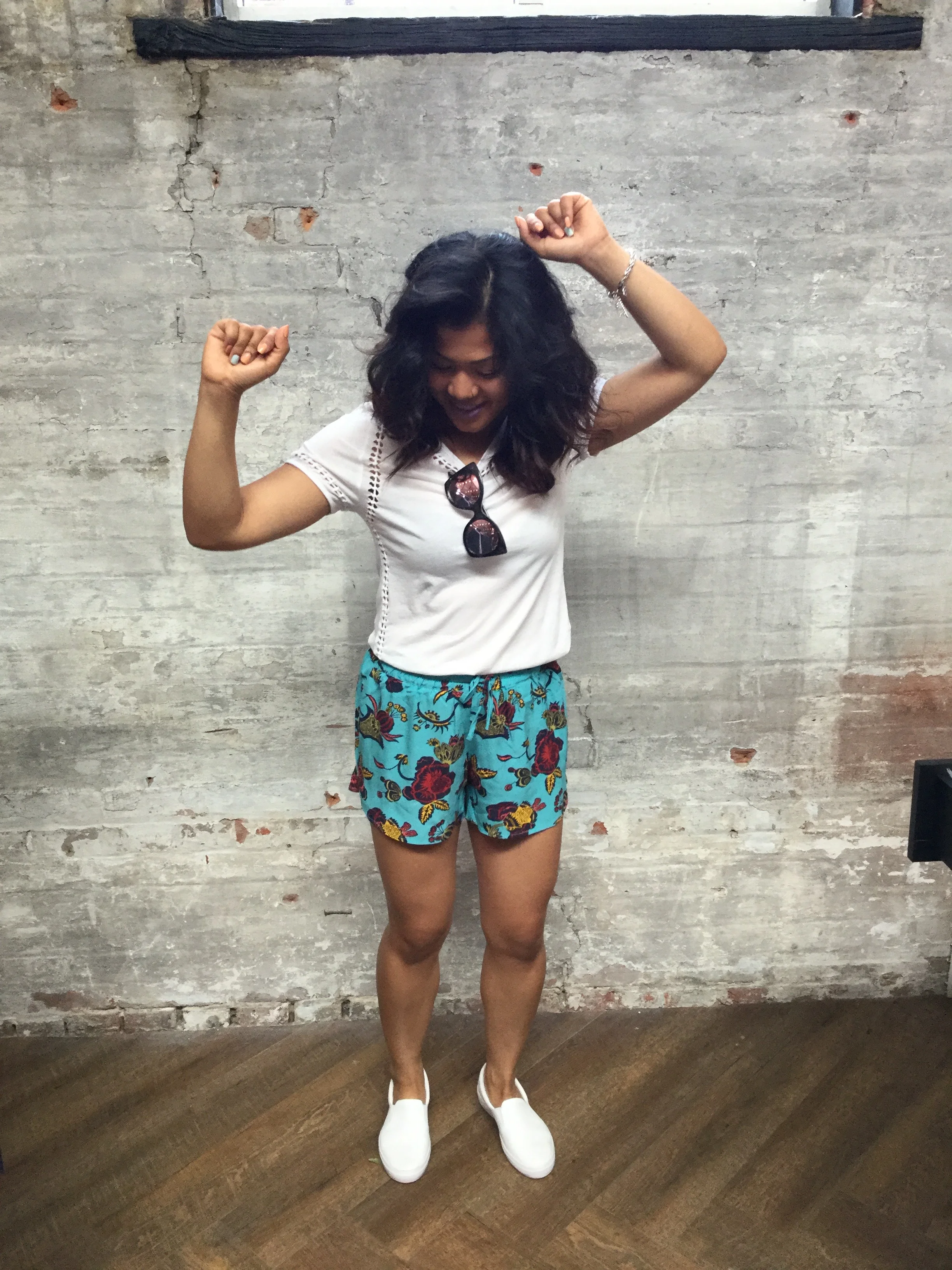 Dance Party! Outfit Details: Generation Love Tee, Le Specs Sunglasses, Maison Scotch Shorts, Lacoste Slide Ons