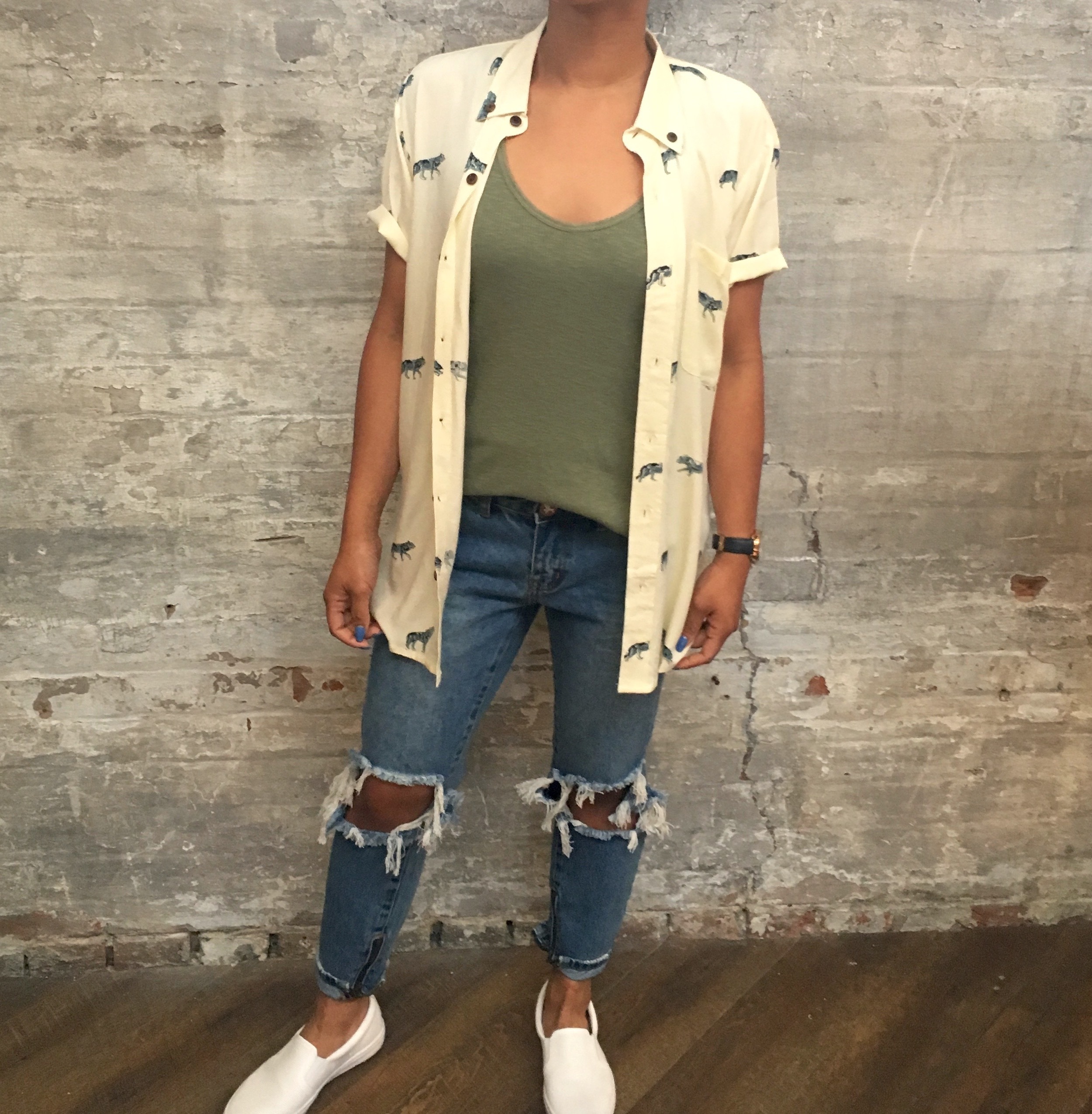 Handsome Me Wolf Shirt $85 American Vintage Tank $58 One Teaspoon Freebird Jeans $135 Lacoste Gazon Sliders $165