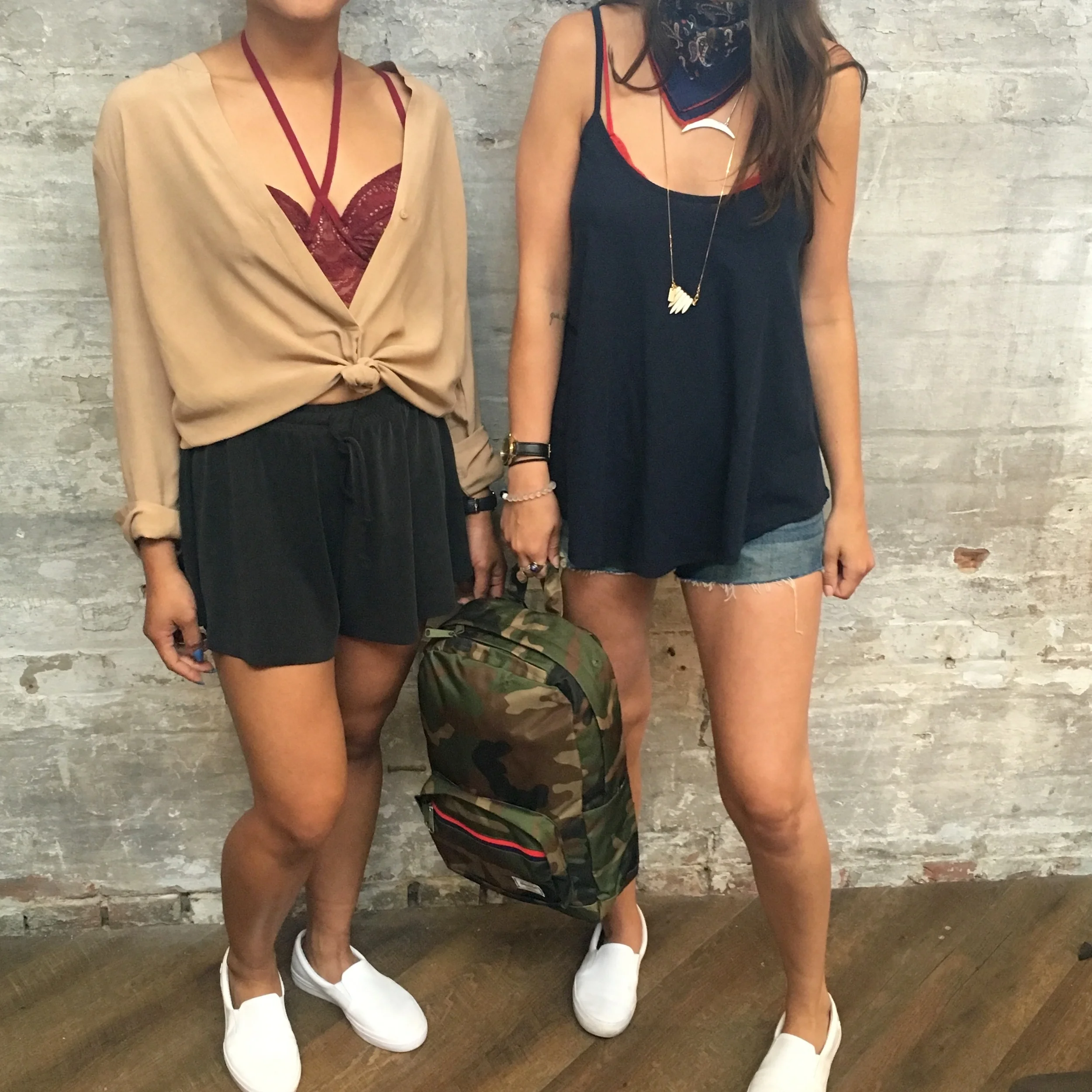 For Love & Lemons Lucia Bralette $175 | Just Female Blouse $140 | American Vintage Shorts $148 | Lacoste Gabon Slide ons $165 | A.Christenson Pocket Square $45 | American Vintage Tank $68 | Hen Hero Necklace $59 | Levi's Shorts $69 | Herschel Backpack $80
