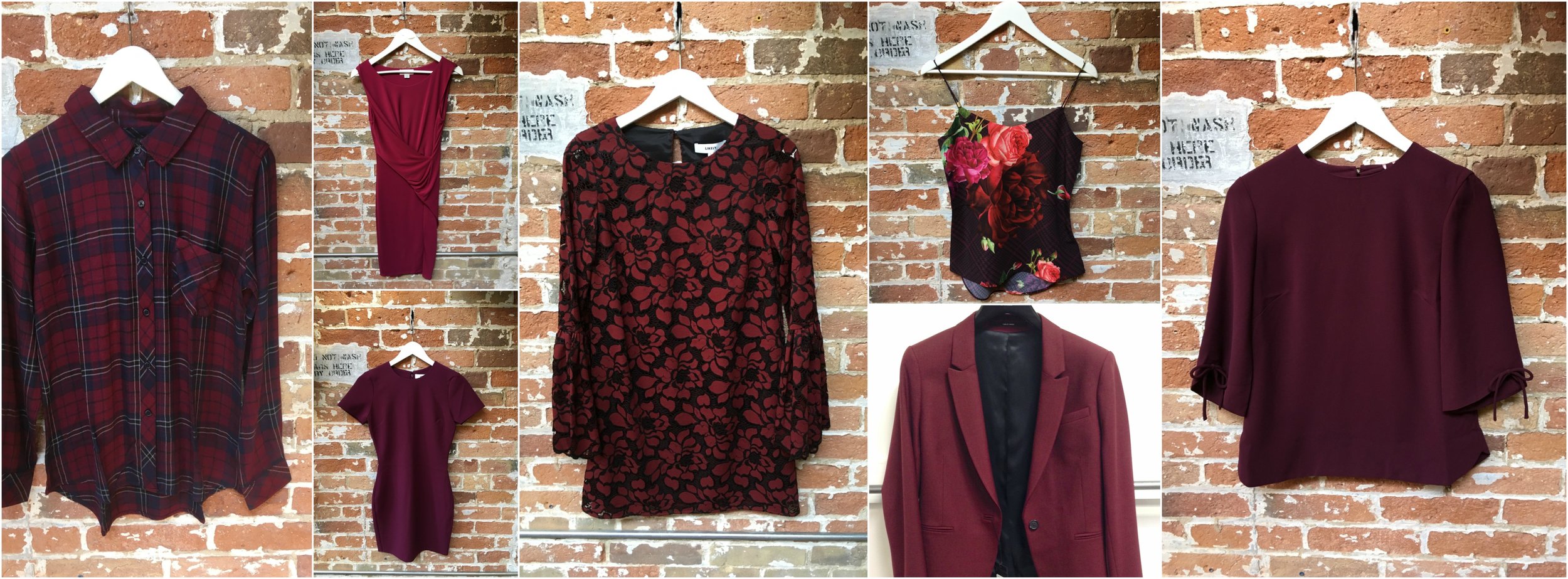From Left to Right: Rails plaid shirt, Velvet ruched dress, Likely bodycon dress, Likely lace dress with bell sleeve, Ted Baker camisole, Tiger of Sweden blazer (coming soon), Ted Baker blouse with tie sleeve.