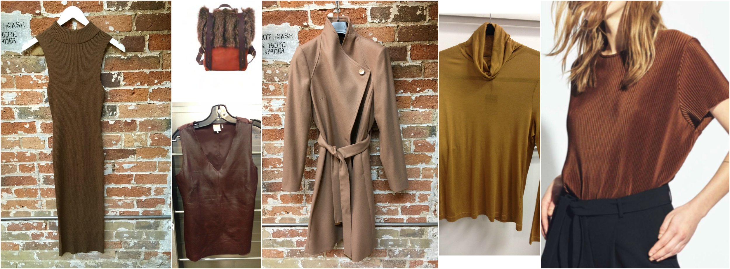 John & Jenn knit dress, Lowell leather & fur backpack, Ecru leather tank, Ted Baker wool coat, Fine Collection Turtleneck (coming soon), Just Female metallic Tee.