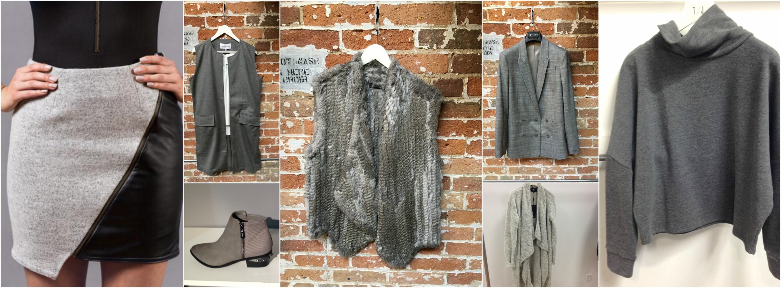 Jesse Rowes mini skirt (coming soon), Cupcakes & Cashmere vest, Sam Edelman bootie (coming soon), Lyle & Luxe fur vest, Tiger of Sweden double breasted blazer, Line open cardigan (coming soon), Tiger of Sweden cropped sweatshirt