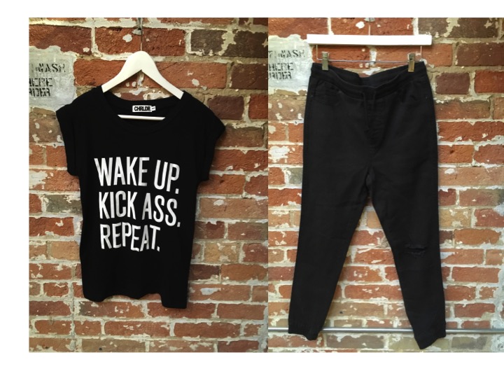 CHRLD Slogan Tee $65 Nana Judy Denim Jogger $119