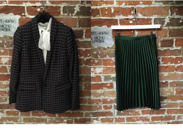 Likely Bow Blouse $235 Maison Scotch Jacquard Blazer $289 Maison Scotch Pleated Skirt $169 ** there's only these two colours in the skirt, and there's only a couple of them left..