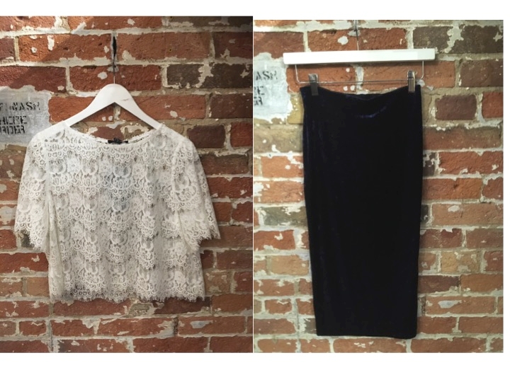 La Marque Lace Tee $95 Tiger of Sweden Velvet Skirt -$169 you can't tell from the picture but this indeed a royal blue, it's stunning