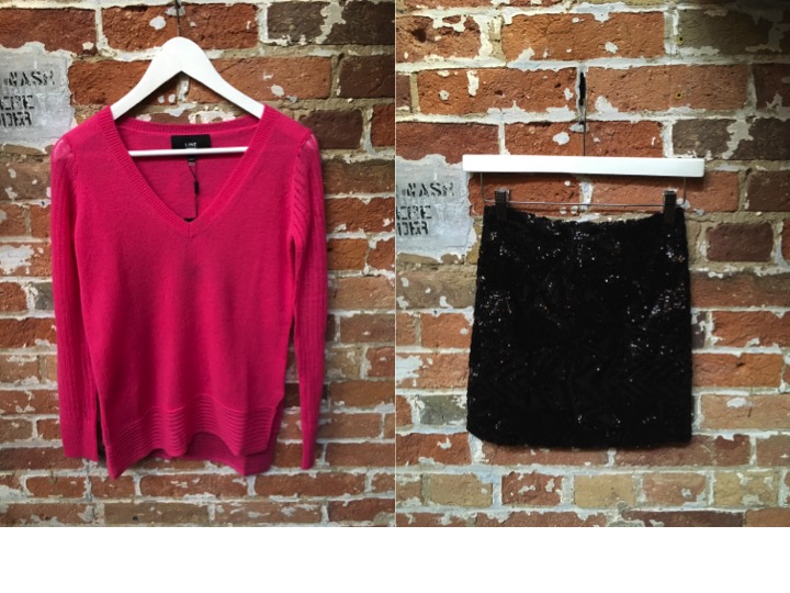 Line Cashmere Vneck Sweater $275 Dry Lake Sequin Mini Skirt $129