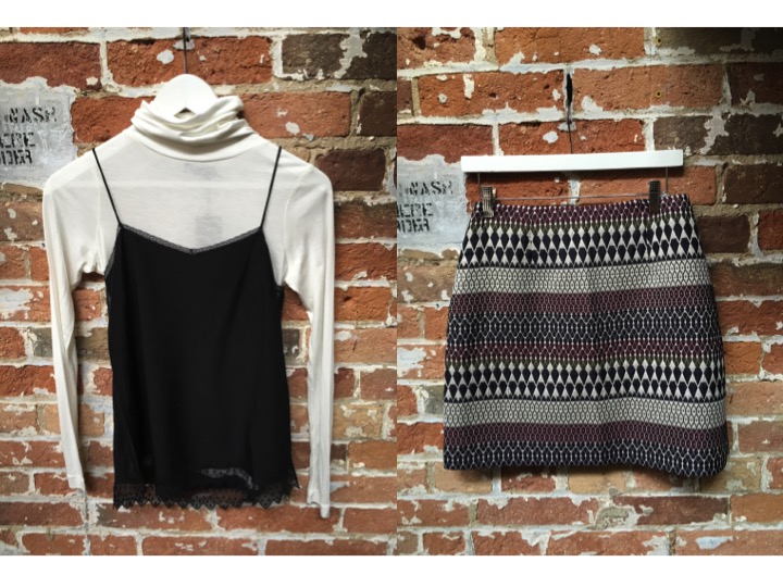Are we the only ones that love the layered turtleneck look?? FINE collection turtleneck $128 Zadig & Voltaire Silk Tank $195 Ted Baker Mini Skirt $229