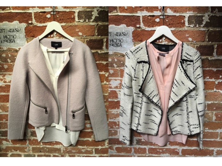 Tiger of Sweden Silk Tee (White or Pink) $169 LINE Rebecca Moto Jacket in Pink $349 LINE Knit Jacket $275