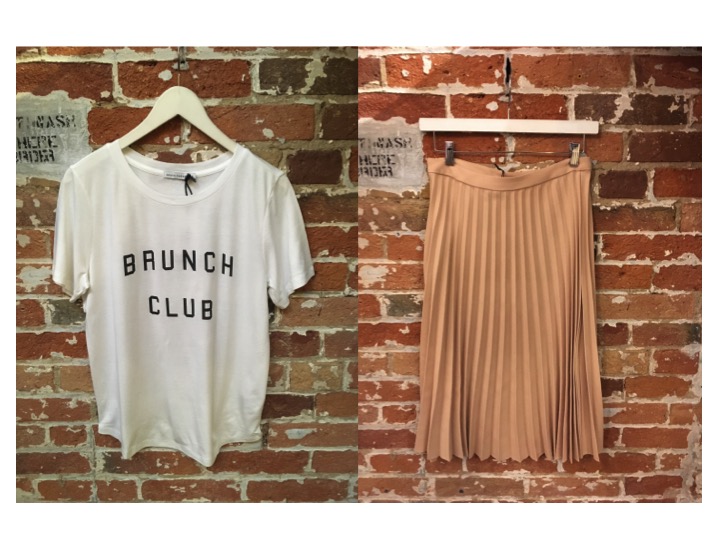 South Parade Brunch Club Tee $99 Suncoo Pleated Midi Skirt $165