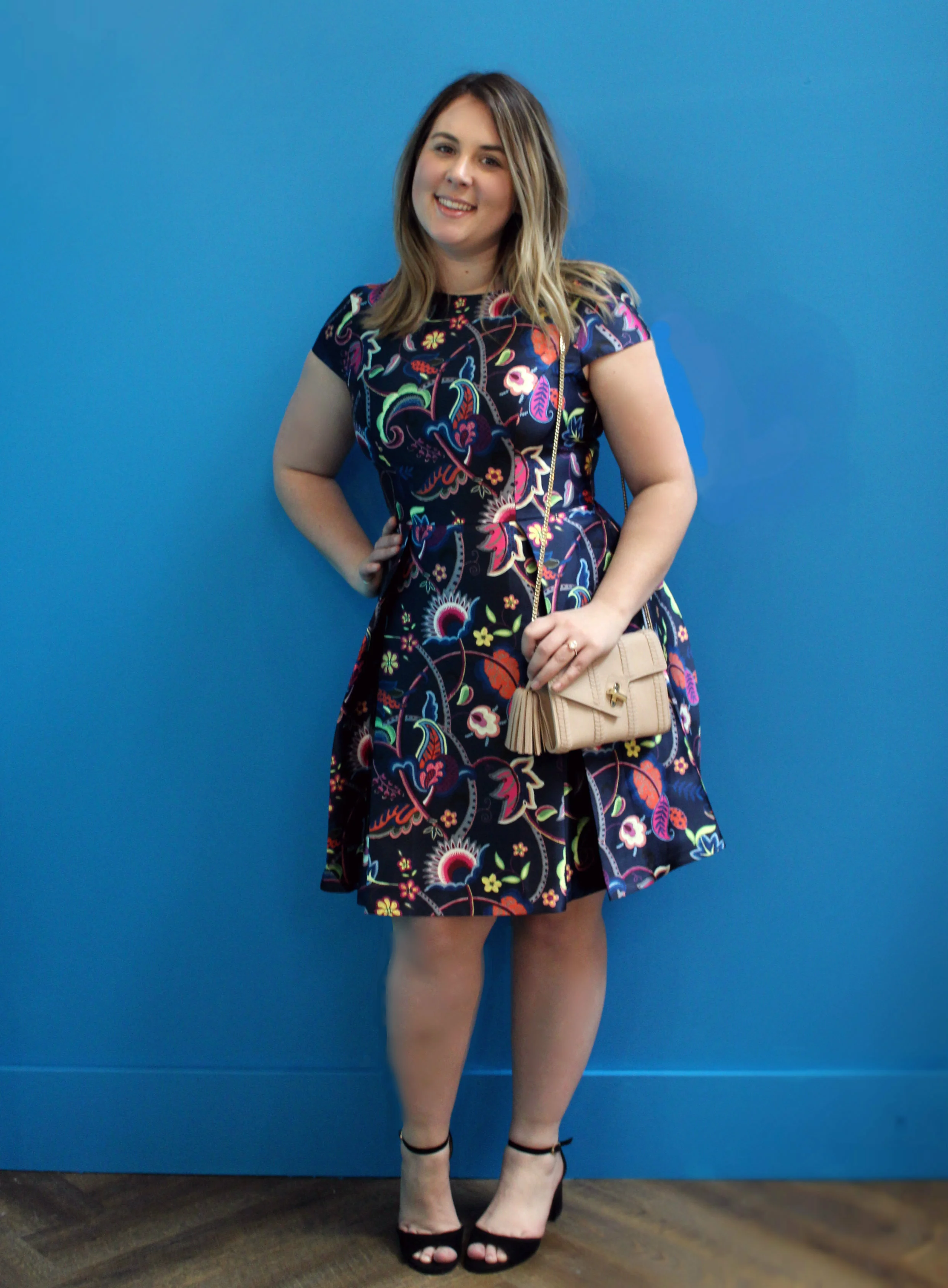 Ted Baker Paisley Skater Dress $395 Ela Leather Clutch $350 Sam Edelman Heels $175