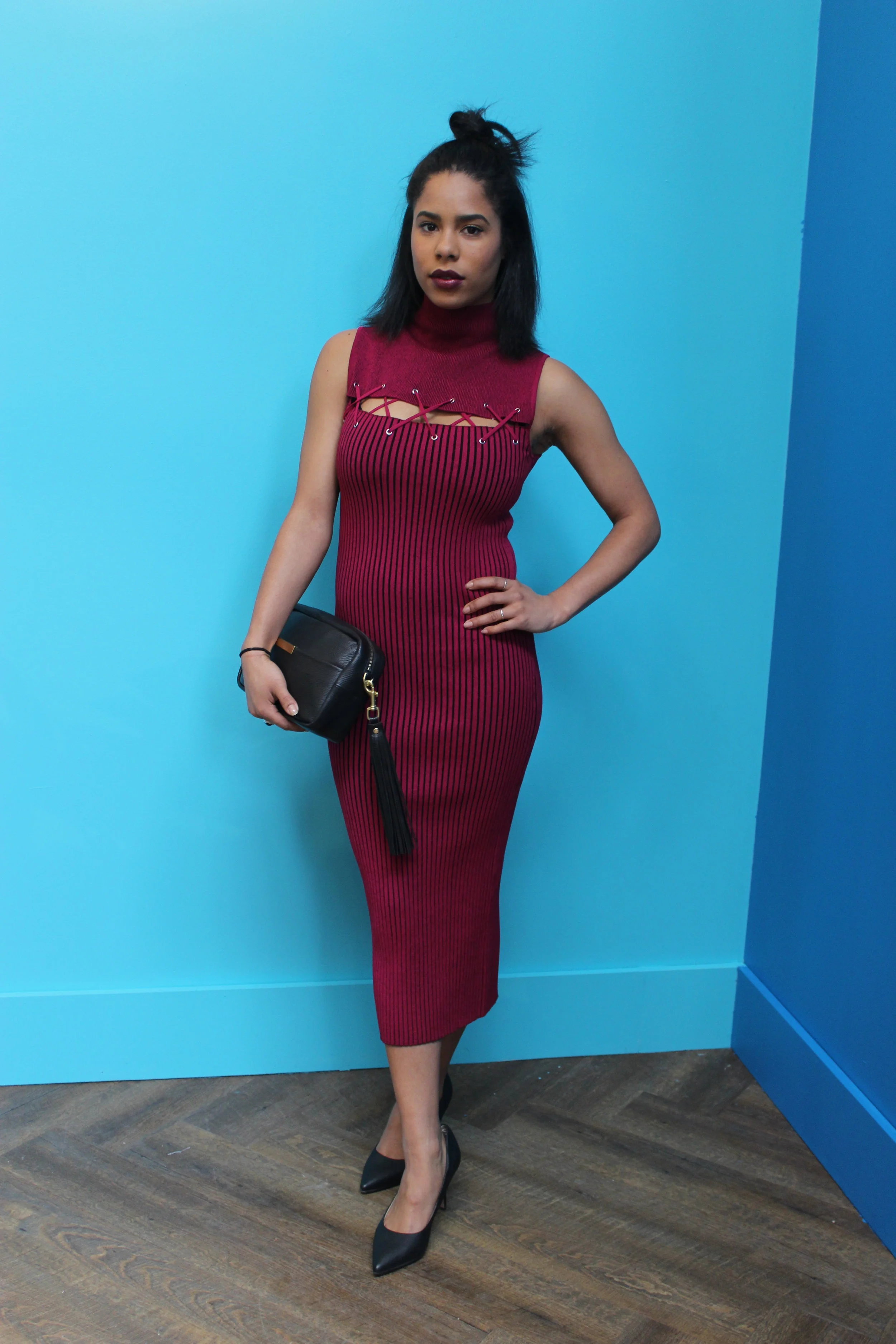 Ronny Kobo Knit Midi Dress $199 Opelle Purse $330 Tiger of Sweden Heels $229