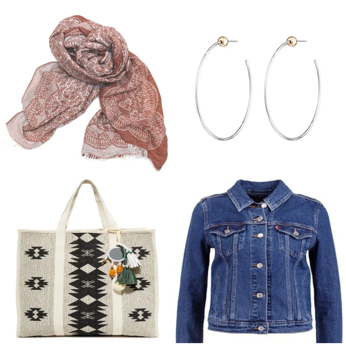 Jackson Rowe Scarf $60 Jenny Bird Icon Hoops $65 Star Mela Tote Bag $195 Levi's Authentic Denim Jacket $108