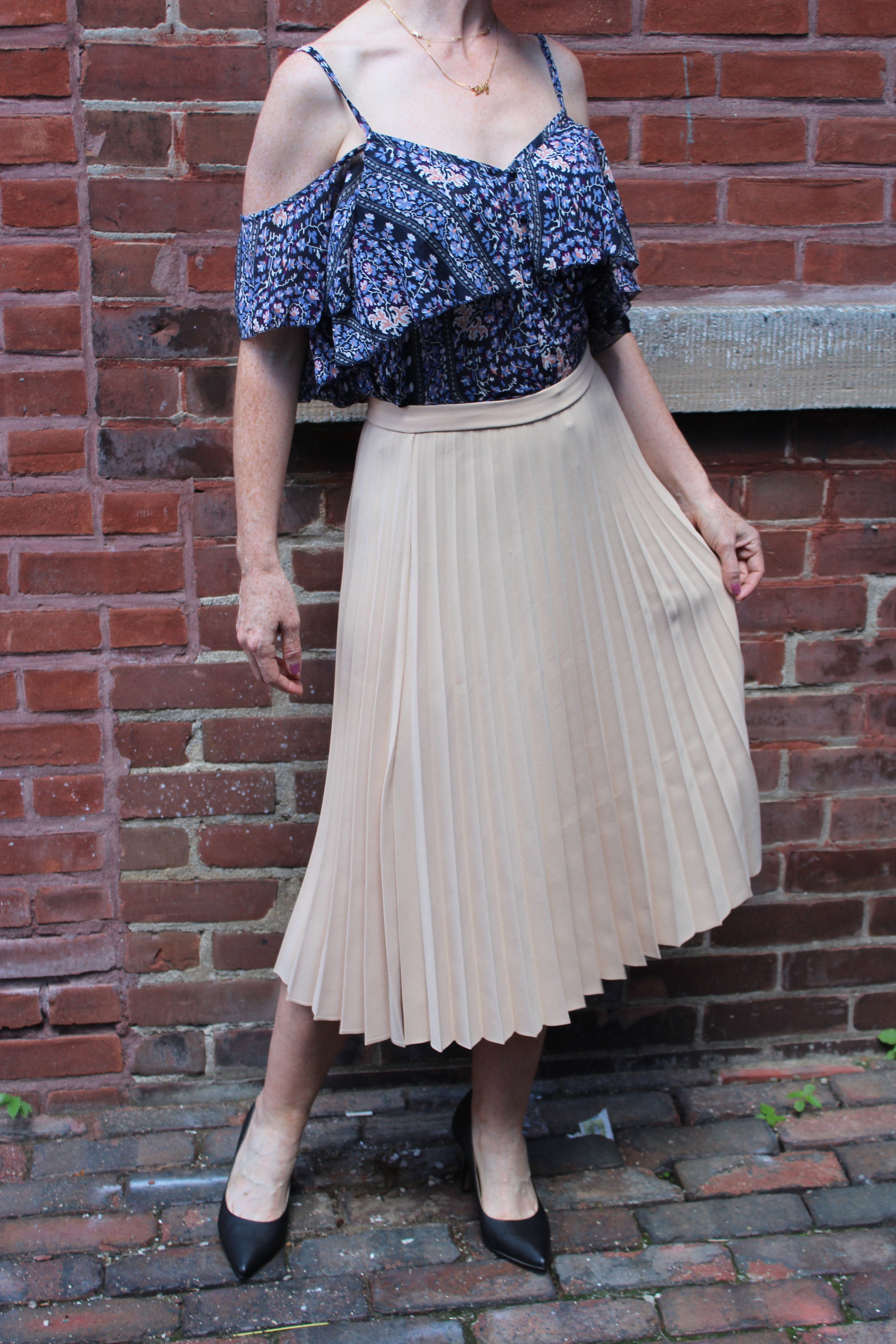 Paige off the shoulder top was $275/ Now $138 Suncoo Midi Skirt was $165/ Now $116 Tiger of Sweden Heels were $279/ Now $175