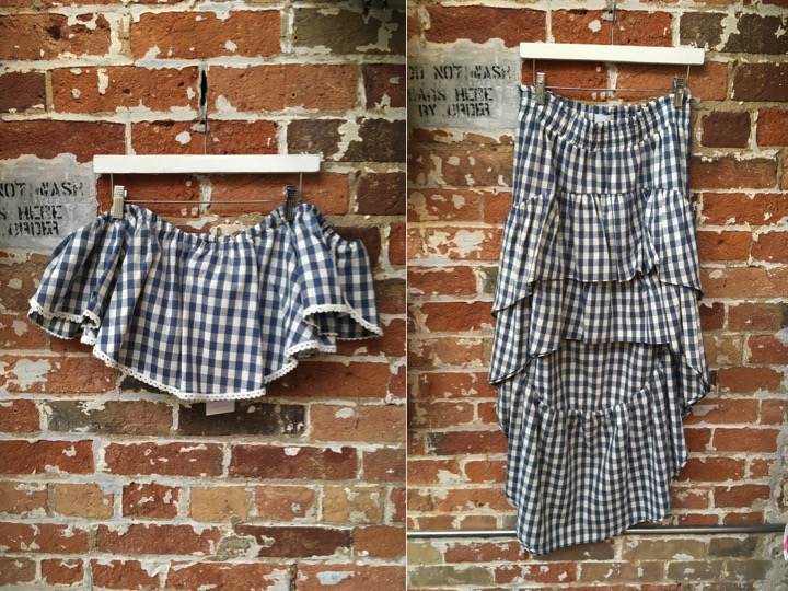 MISA Crop Top $225 MISA High-low Skirt $295 This set is for Gingham lovers, but if you only love one half.. try the top with high waisted white shorts or the skirt with a simple tee. Either way you're out dressing everyone else.