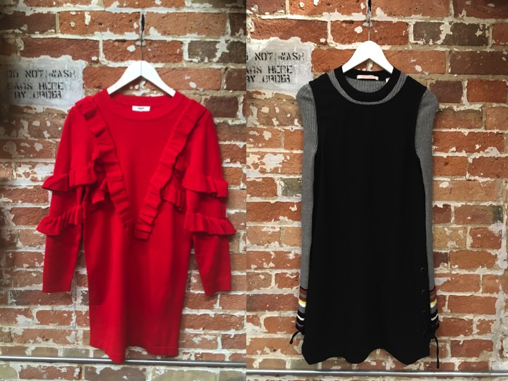Suncoo Ruffle Dress $205 Maison Scotch Stripe Ribbed Sweater $145 Cupcakes & Cashmere Lace Up Sides Dress $140*** layer layer layer!