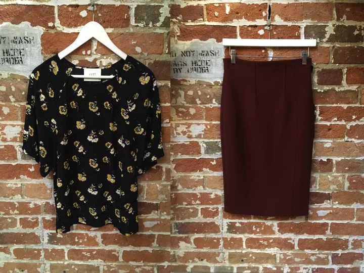 Just Female Floral Tee $140** hello nineties Iris Setlakwe Pencil Skirt $235 ** comes in 2 other colours 